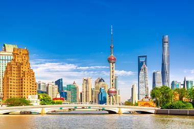 Shanghai pudong skyline with historical Waibaidu bridge